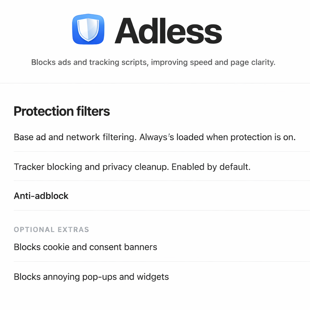 Adless Lite feature overview screen